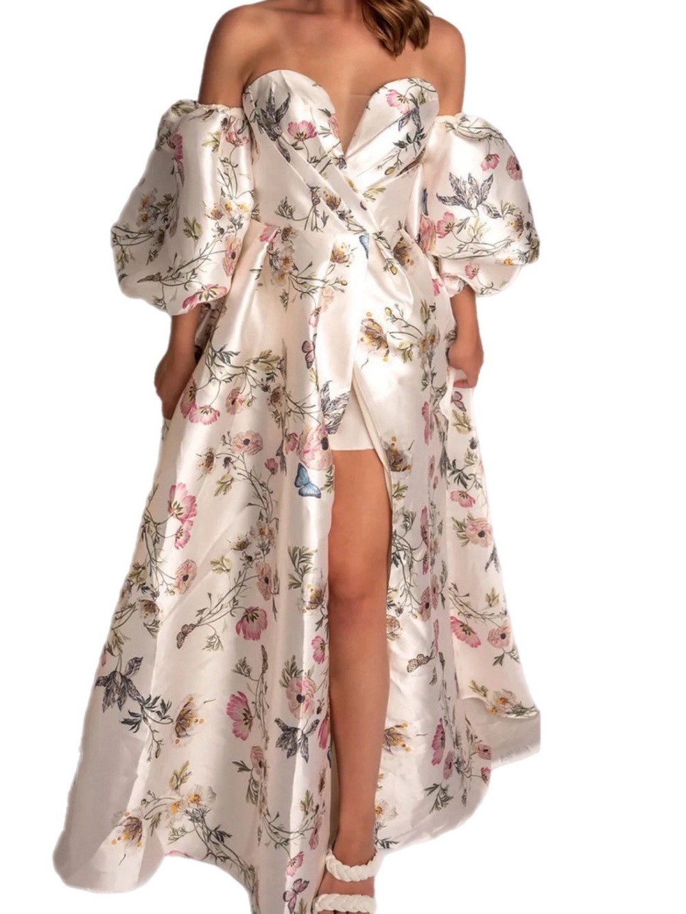 NWT Couture Lee Ivory Strapless Floral Satin Gown with Puff Sleeves $799 MSRP